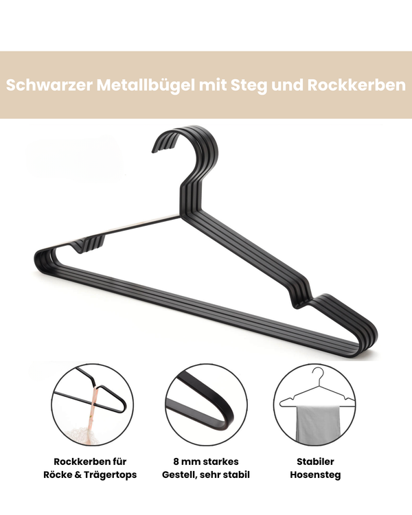 60x Metall Kleiderbügel mit Steg, stabile, breite Auflage, schwarz, 42 cm als Set | minimalistisch