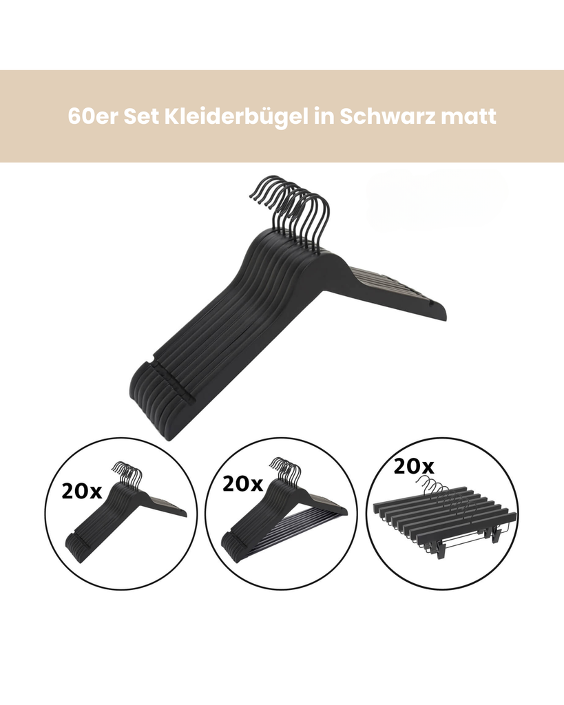 60x Kleiderbügel Holz schwarz, 3 Styles, 60er Set für Mode Einzelhandel | minimalistisch