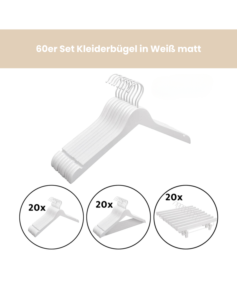 60x Kleiderbügel Holz weiß matt, 3 Styles, 60er Set für Mode Einzelhandel | minimalistisch